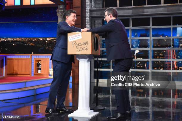 The Late Show with Stephen Colbert and guest John Oliver during Friday's February 9, 2018 show.