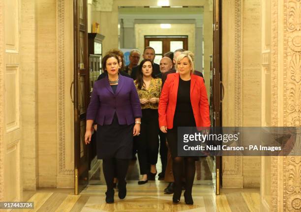 Sinn Fein's president Mary Lou McDonald and Sinn Fein's vice president Michelle O'Neill, prior arrive to speak to the media at Stormont Parliament...