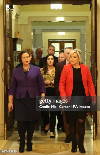 Sinn Fein's president Mary Lou McDonald and Sinn Fein's vice president Michelle O'Neill, prior arrive to speak to the media at Stormont Parliament...