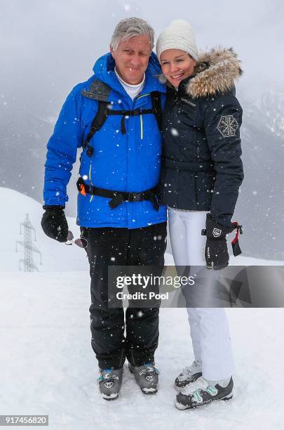 King Philippe of Belgium and Queen Mathilde of Belgium pose during their family skiing holidays on February 12, 2018 in Verbier, Switzerland.