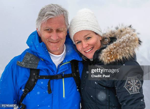 King Philippe of Belgium and Queen Mathilde of Belgium pose during their family skiing holidays on February 12, 2018 in Verbier, Switzerland.