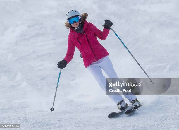Princess Elisabeth of Belgium skies during a family holiday in the village of Verbier on February 12, 2018 in Verbier, Switzerland.