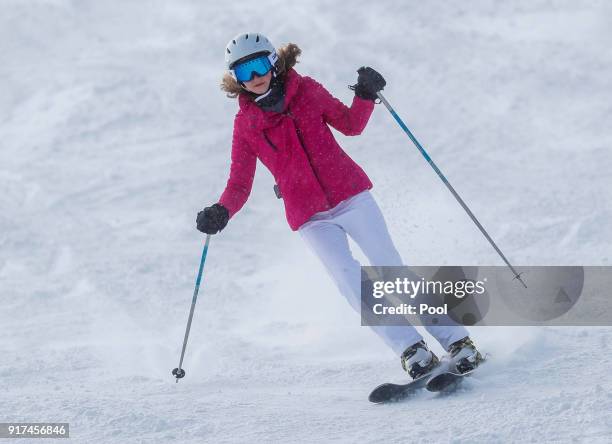 Princess Elisabeth of Belgium skies during a family holiday in the village of Verbier on February 12, 2018 in Verbier, Switzerland.