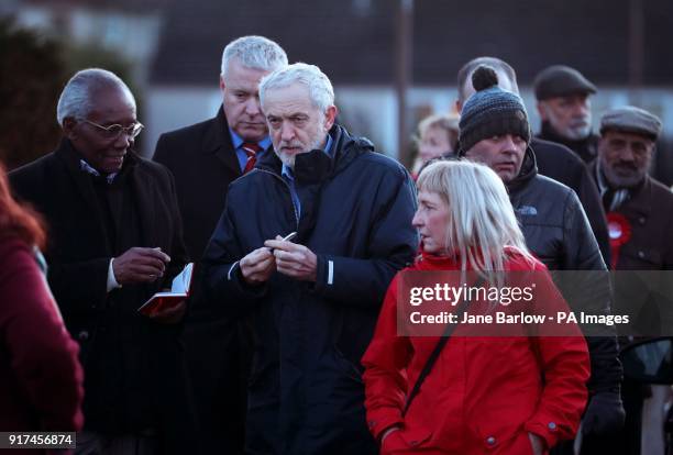 Labour leader Jeremy Corbyn meets with local party supporters and residents during a walkabout in Penicuik, Midlothian, before speaking at a campaign...