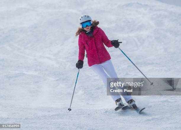 Princess Elisabeth of Belgium skies during a family holiday in the village of Verbier on February 12, 2018 in Verbier, Switzerland.