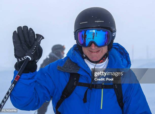 King Philippe of Belgium skies during family skiing holidays on February 12, 2018 in Verbier, Switzerland.