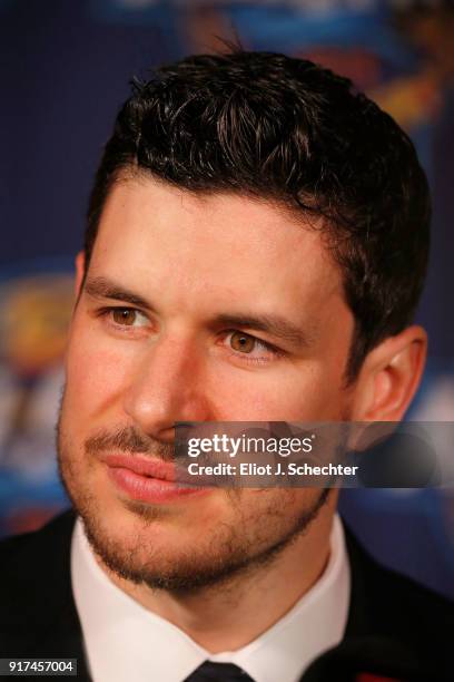 Sidney Crosby of the Pittsburgh Penguins speaks at a post game press conference after the 2018 Honda NHL All-Star Game at Amalie Arena on January 28,...