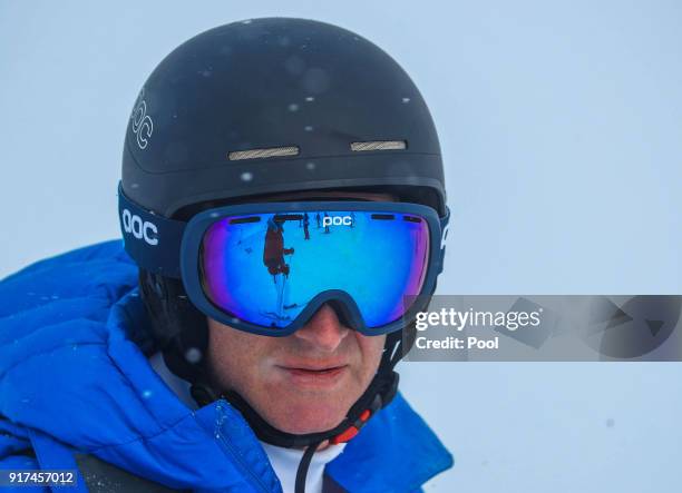 King Philippe of Belgium skies during family skiing holidays on February 12, 2018 in Verbier, Switzerland.