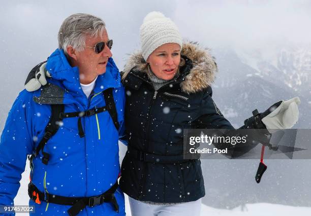 King Philippe of Belgium and Queen Mathilde of Belgium pose during their family skiing holidays on February 12, 2018 in Verbier, Switzerland.