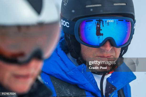 King Philippe of Belgium skies during family skiing holidays on February 12, 2018 in Verbier, Switzerland.