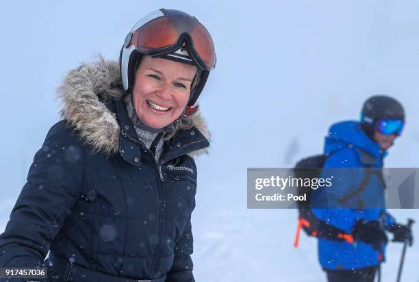 Queen Mathilde of Belgium smiles during family skiing holidays on February 12, 2018 in Verbier, Switzerland.