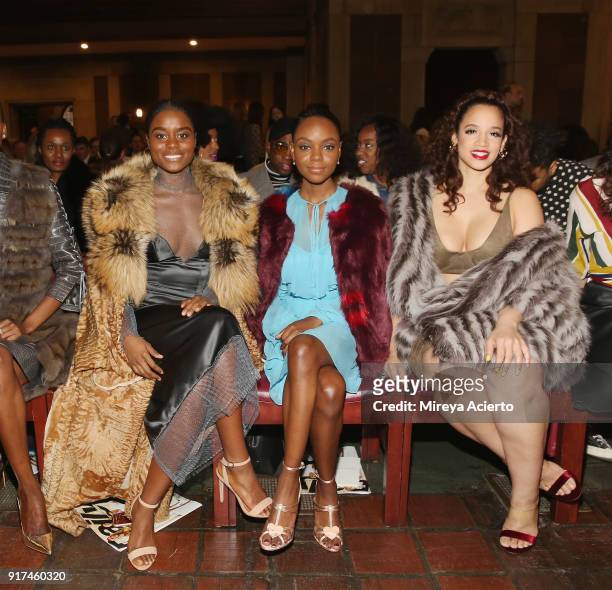 Actresses Denee Benton, Ashleigh Murray and Dascha Polanco attend the Dennis Basso fashion show at St. Bartholomew's Church on February 12, 2018 in...