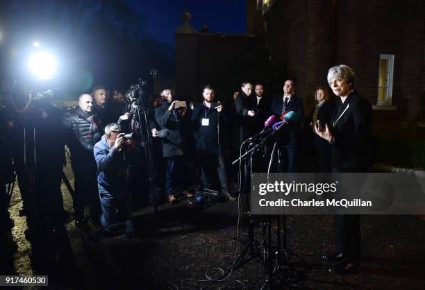 British Prime Minister Theresa May holds a press conference at Stormont House on February 12, 2018 in Belfast, Northern Ireland. Prime Minister May...