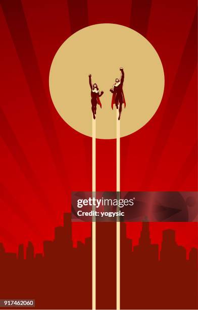 stockillustraties, clipart, cartoons en iconen met vector retro superheld paar vliegen illustratie - superheld