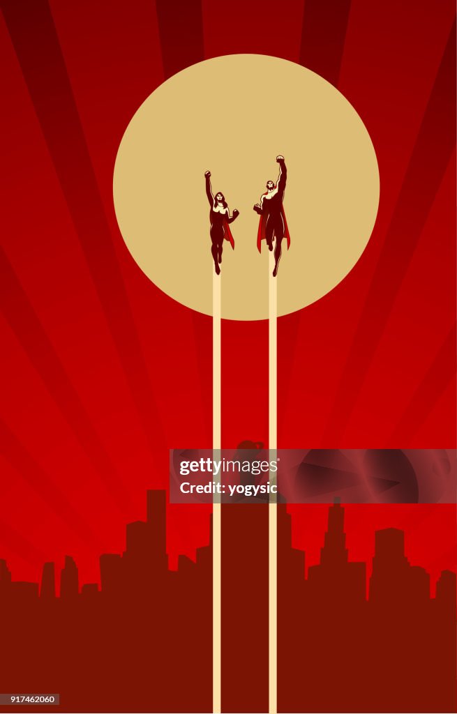 Vector Retro Superhero Couple Flying Illustration