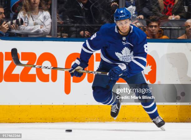 Connor Carrick of the Toronto Maple Leafs skates against the Ottawa Senators during the first period at the Air Canada Centre on February 10, 2018 in...