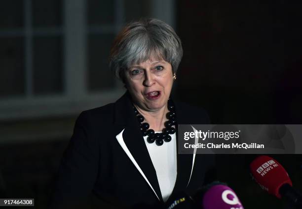 British Prime Minister Theresa May holds a press conference at Stormont House on February 12, 2018 in Belfast, Northern Ireland. Prime Minister May...