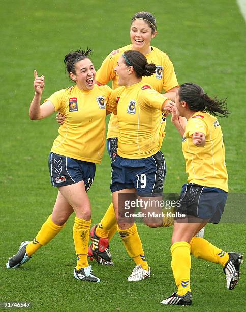 Trudy Camilleri of the Mariners celebrates with her team mates after scoring a goal during the round two W-League match between the Central Coast...