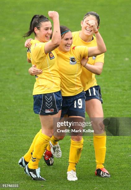 Trudy Camilleri of the Mariners celebrates with team mate Lydia Vanderbergh after scoring a goal during the round two W-League match between the...
