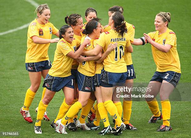 The Mariners celebrate after Trudy Camilleri scored a goal of the Mariners during the round two W-League match between the Central Coast Mariners and...