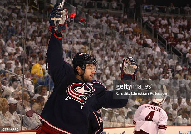 Rick Nash of the Columbus Blue Jackets celebrates after scoring a first period goal against the Phoenix Coyotes during the NHL game at Jobing.com...