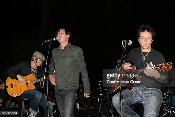 Musician Chris Chaney; singer Donovan Leitch and musician Billy Morrison perform at a Wonderland Avenue School fund raising event at a private...