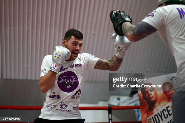 Sam Giley works the pads during the Hayemaker public workout at the Hayemaker Gym on February 12, 2018 in London, England.