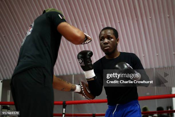 Anesu Twala works the pads during the Hayemaker public workout at the Hayemaker Gym on February 12, 2018 in London, England.