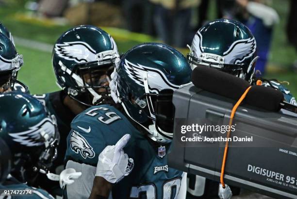 LeGarrette Blount of the Philadelphia Eagles sticks his face into a tv camera after scoring a touchdown against the New England Patriots during Super...