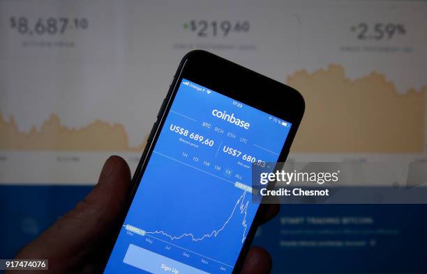 In this photo illustration, Bitcoin course's graph is seen on the Coinbase cryptocurrency exchange application on February 12, 2018 in Paris, France....