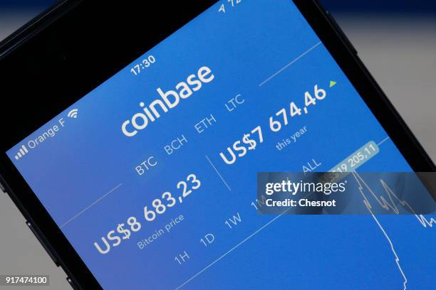 In this photo illustration, Bitcoin course's graph is seen on the Coinbase cryptocurrency exchange application on February 12, 2018 in Paris, France....