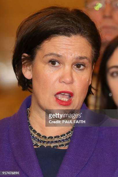 Sinn Fein president Mary Lou McDonald speaks to the media at the Parliament Buildings on the Stormont Estate in Belfast on February 12, 2018 after...