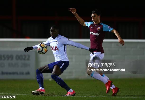 Shilow Tracey of Tottenham tackles with Joe Powell of West Ham during the Premier League 2 match between West Ham United and Tottenham Hotspur at...