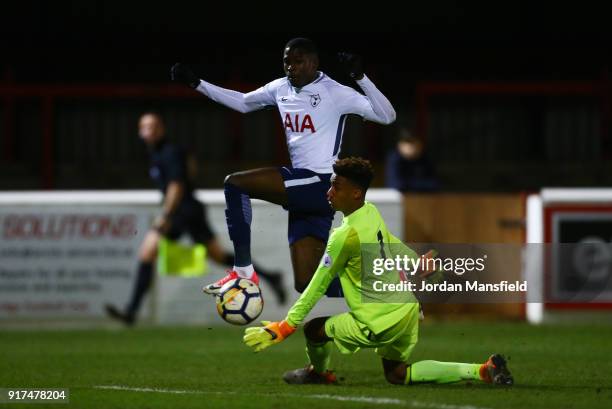 Shilow Tracey of Tottenham scores his sides second goal past Nathan Trott of West Ham during the Premier League 2 match between West Ham United and...