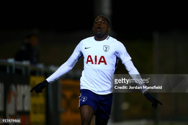 Shilow Tracey of Tottenham celebrates scoring his sides second goal during the Premier League 2 match between West Ham United and Tottenham Hotspur...