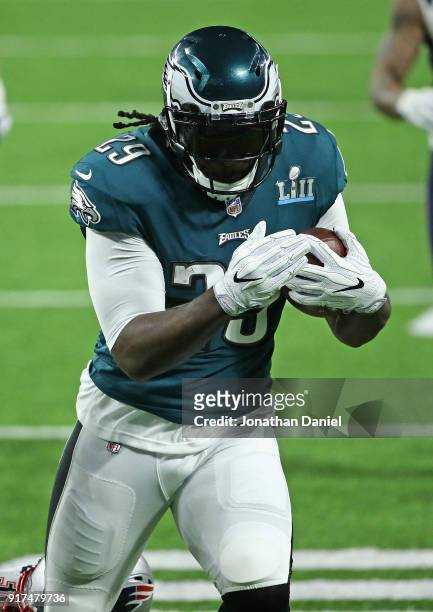 LeGarrette Blount of the Philadelphia Eagles runs against the New England Patroits during Super Bowl Lll at U.S. Bank Stadium on February 4, 2018 in...