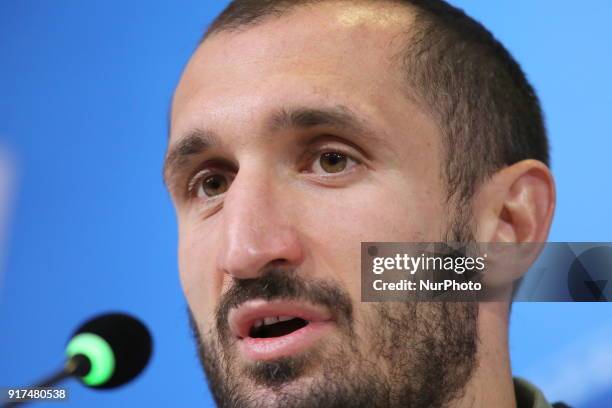 Giorgio Chiellini during the Juventus FC press conference on the eve of the first leg of the Round 16 of the UEFA Champions League 2017/18 between...