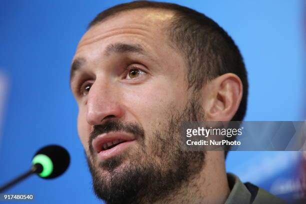 Giorgio Chiellini during the Juventus FC press conference on the eve of the first leg of the Round 16 of the UEFA Champions League 2017/18 between...