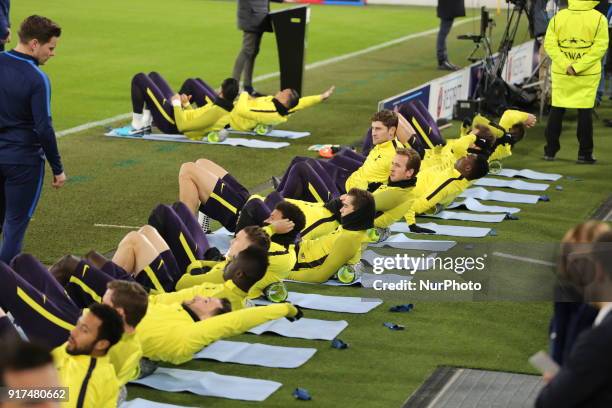 Tottenham FC players during training on the eve of the first leg of the Round 16 of the UEFA Champions League 2017/18 between Juventus FC and...