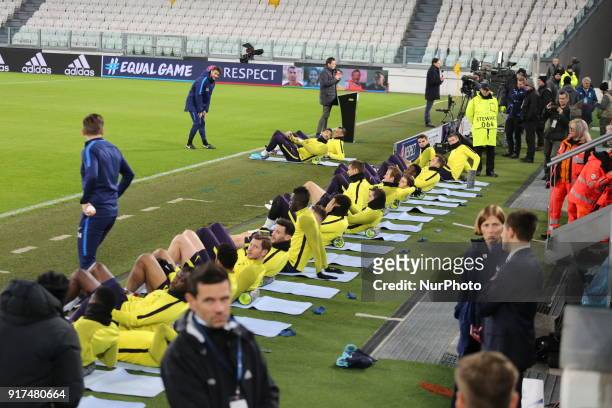 Tottenham FC players during training on the eve of the first leg of the Round 16 of the UEFA Champions League 2017/18 between Juventus FC and...