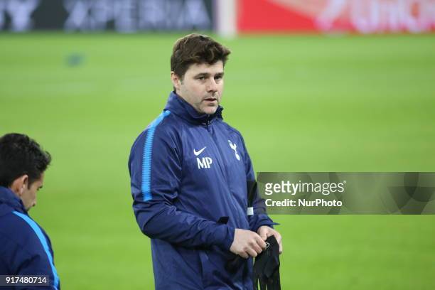 Mauricio Pochettino, head coach of Tottenham Hotspur FC, during training on the eve of the first leg of the Round 16 of the UEFA Champions League...