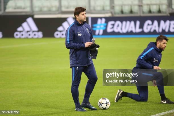 Mauricio Pochettino, head coach of Tottenham Hotspur FC, during training on the eve of the first leg of the Round 16 of the UEFA Champions League...