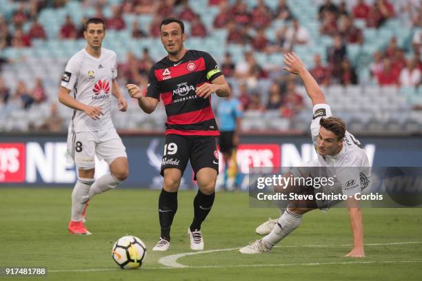 Mark Bridge of the Wanderers passes the ball during the round seven A-League match between the Western Sydney Wanderers and the Wellington Phoenix at...