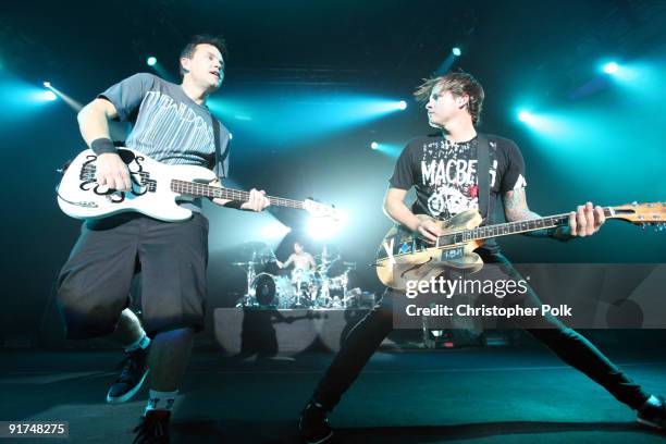 Travis Barker, Mark Hoppus and Tom DeLonge of Blink-182 performs at T-Mobile Sidekick Presents the 2009 Blink-182 Tour at the Hollywood Palladium on...