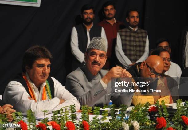 Congress leaders Ghulam Nabi Azad, Raj Babbar and Ajay Rai during the Har Ek Booth Majaboot Mission event for Congress Party workers in order to...