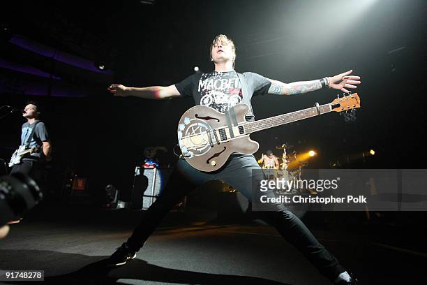 Travis Barker, Mark Hoppus and Tom DeLonge of Blink-182 performs at T-Mobile Sidekick Presents the 2009 Blink-182 Tour at the Hollywood Palladium on...