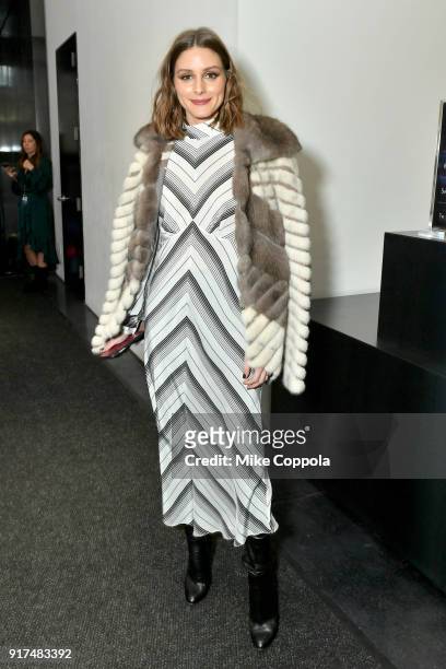 Olivia Palermo poses for a photo in the lobby during IMG NYFW: The Shows at Spring Studios on February 12, 2018 in New York City.