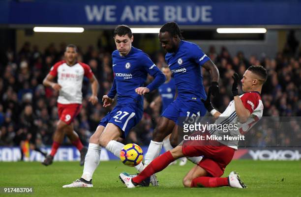 Kieran Gibbs of West Bromwich Albion tackles Victor Moses of Chelsea during the Premier League match between Chelsea and West Bromwich Albion at...