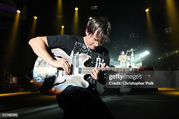 Travis Barker, Mark Hoppus and Tom DeLonge of Blink-182 performs at T-Mobile Sidekick Presents the 2009 Blink-182 Tour at the Hollywood Palladium on...