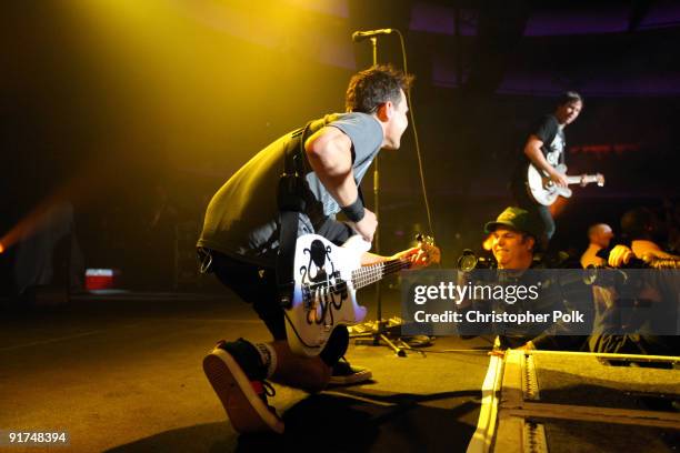 Travis Barker, Mark Hoppus and Tom DeLonge of Blink-182 performs at T-Mobile Sidekick Presents the 2009 Blink-182 Tour at the Hollywood Palladium on...